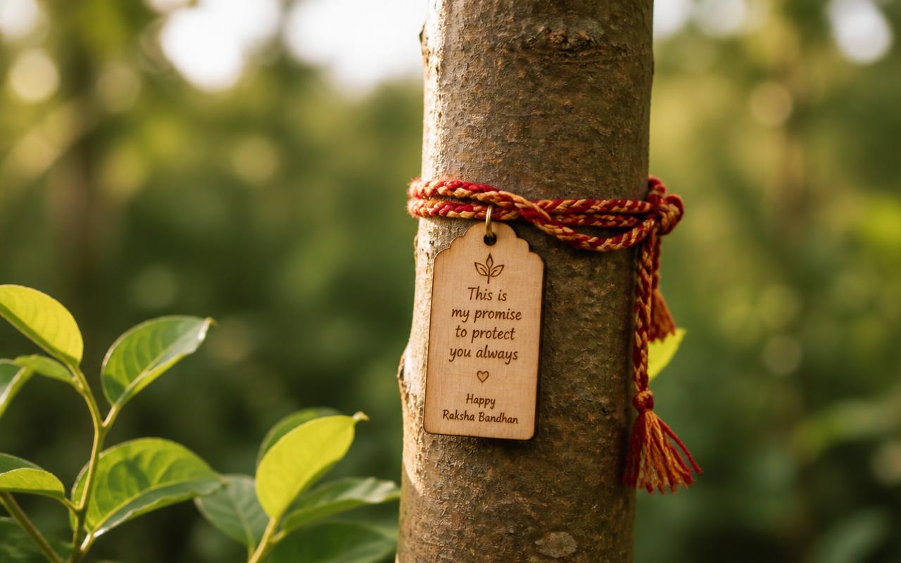 A tree with a rakhi thread and a personalised dedication tag