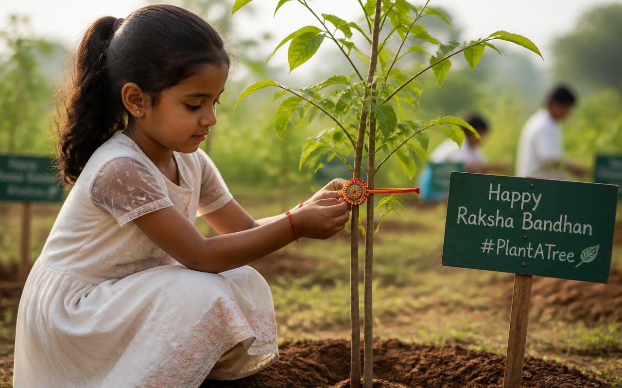 A young girl tying a rakhi around a native sapling