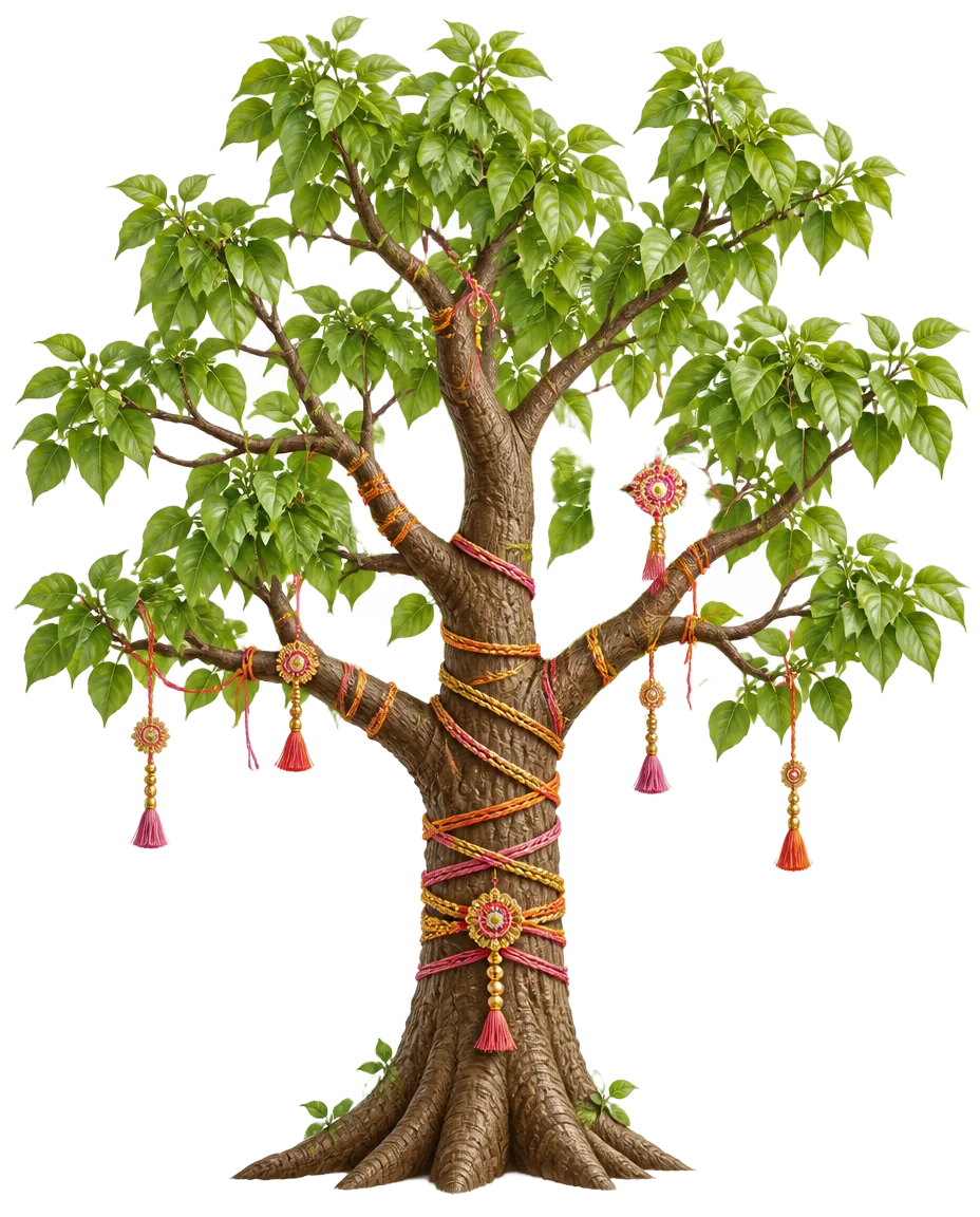 A native tree with rakhi threads tied around its trunk and branches
